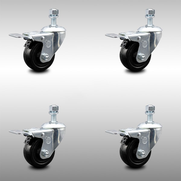 3 Inch SS Hard Rubber Swivel 10mm Threaded Stem Caster Set Total Lock Brake